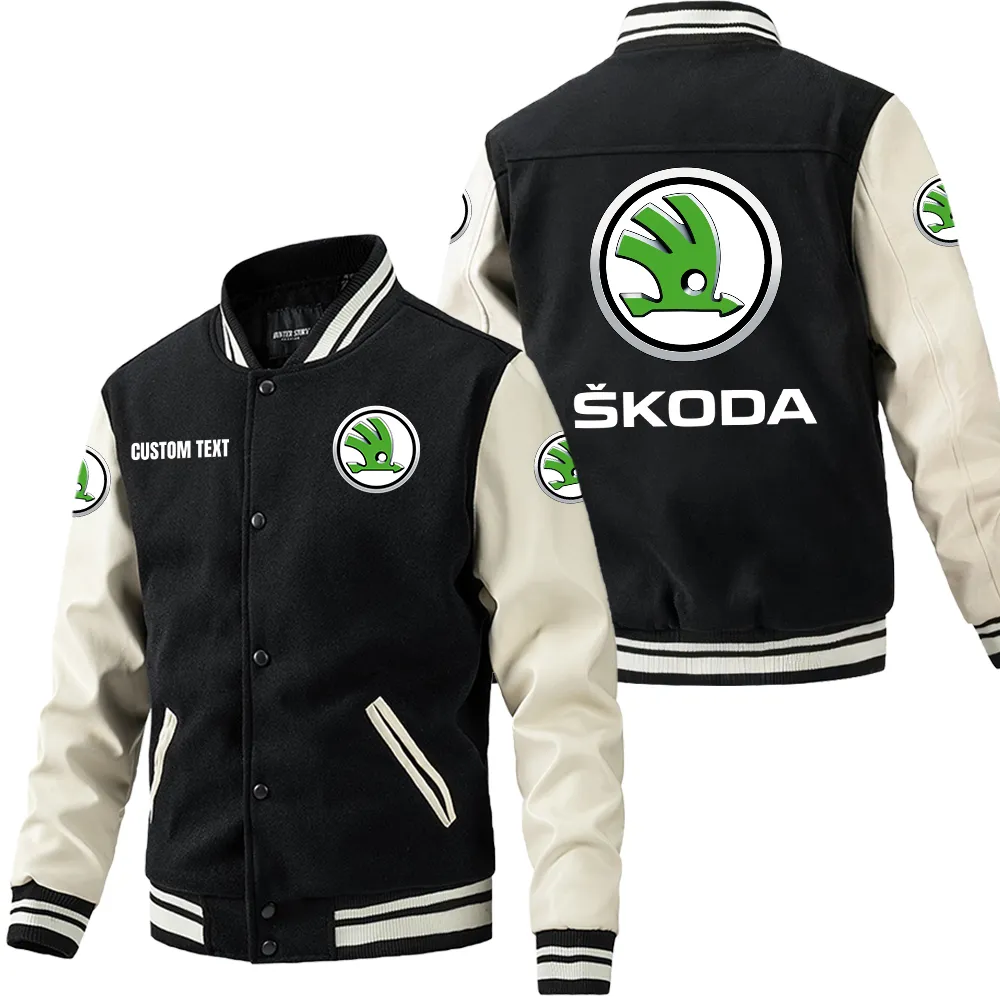 Czech Automobile Leather Baseball Jacket, Leather Jacket Road Spirit CAR180 - Black White