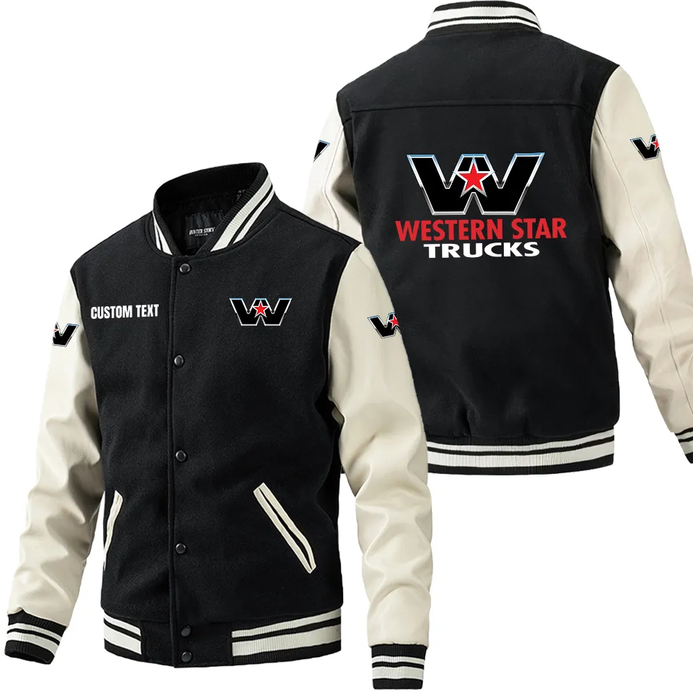 Long-Haul Vehicle Leather Baseball Jacket, Bold Rider Varsity Jacket CAR180 - Black White